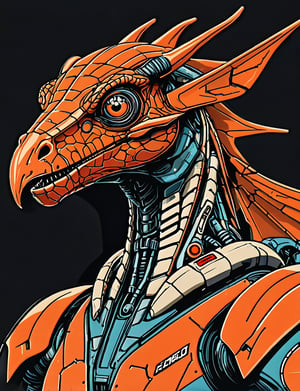 (close up, head and shoulders portrait:1.5), An extremely detailed 1970s retro-future anthropomorphic (pterodactyl :1.2) (manticore :1.4) robot, centered, (strong outline sketch style:1.5), (flat silkscreen art style:1.8), solid dark background, red, orange, sapphire, black and white tones, masterpiece, epic, by pascal blanche rutkowski repin artstation painting concept art of detailed character design matte painting, 4 k resolution blade runner, dark muted background, detailed, comic book,dcas_lora