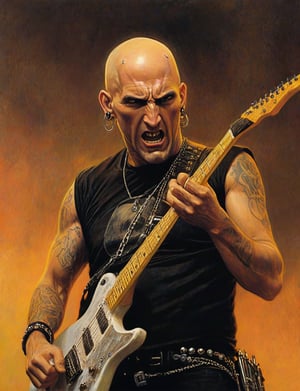 (head and shoulders portrait:1.2), Scott Ian, a heavy metal guitarist, (playing white guitar:1.2), performing on stage, bald head, white goatee,  wearing black t-shirt, metal studs, chains, looking at the camera, yelling, yellow and orange background, mosh pit,  surreal fantasy, close-up view, chiaroscuro lighting, no frame, hard light, art by Zdzisław Beksiński,digital artwork by Beksinski