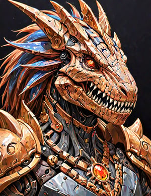(head and shoulders portrait:1.2), a Warforged t-rex , sentient construct of gleaming fire opal and black metal and gears, is dressed in intricately detailed armor. dark background , Inspired by the art of Destiny 2 and the style of Guardians of the Galaxy,art_booster