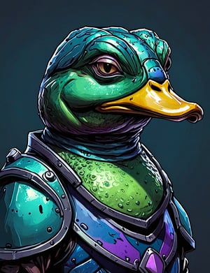 (close up, head and shoulders portrait:1.3), teal and green gradient , (anthromorphic duck toad :1.6), wearing blue and violet sci-fi polycarbonate armor, (strong outline sketch style:1.5), gritty fantasy, (darkest dungeon art style :1.4), dark muted background, detailed