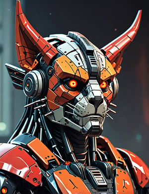 (close up, head and shoulders portrait:1.5), An extremely detailed 1970s retro-future anthropomorphic manticore robot, centered, (strong outline sketch style:1.5), 1970s minimal geometric background, red, orange, black and white tones, masterpiece, epic, sharp focus, emitting diodes, smoke, artillery, sparks, racks, system unit, motherboard, by pascal blanche rutkowski repin artstation painting concept art of detailed character design matte painting, 4 k resolution blade runner, dark muted background, detailed, comic book