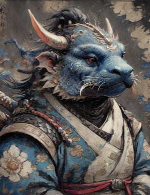 (close up, head and shoulders portrait:1.3), anthromorphic ( walrus :1.2) dragon, samurai , black samurai armor, brown, blue violet , white and black color scheme , (dark background:1.2), Disney pixar style,Ukiyo-e,ink,colorful,shogun