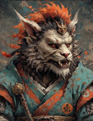 (close up, head and shoulders portrait:1.3), anthromorphic ( manticore :1.4) (neck and chest fur:1.5), wearing a jack-o-lantern mask, jack-o-lantern , samurai helmet, oni_horns, samurai , black samurai armor, red, aqua, orange, blue , white and black color scheme , (dark Halloween background:1.2), Disney pixar style,Ukiyo-e,ink,colorful,shogun