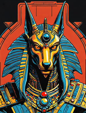 (close up, head and shoulders portrait:1.5), An extremely detailed 1970s retro-future anthropomorphic (manticore:1.2) (anubis :1.4) robot, centered, (strong outline sketch style:1.5), (flat silkscreen art style:1.8), solid dark background, red, orange, sapphire, black and white tones, masterpiece, epic, by pascal blanche rutkowski repin artstation painting concept art of detailed character design matte painting, 4 k resolution blade runner, dark muted background, detailed, comic book,dcas_lora