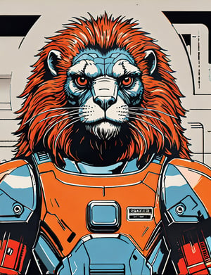 (close up, head and shoulders portrait:1.5), An extremely detailed 1970s retro-future anthropomorphic (marmot :1.2) (manticore :1.4) robot, centered, (strong outline sketch style:1.5), (flat silkscreen art style:1.9), solid dark background, (red, orange, sapphire, black and white tones), masterpiece, epic, by pascal blanche rutkowski repin artstation painting concept art of detailed character design matte painting, 4 k resolution blade runner, dark muted background, detailed, comic book,dcas_lora