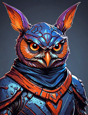 (close up, head and shoulders portrait:1.3), orange and red gradient , (anthromorphic owl toad rabbit :1.6), rabbit ears, wearing blue and violet sci-fi polycarbonate armor, (strong outline sketch style:1.5), gritty fantasy, (darkest dungeon art style :1.4), dark muted background, detailed