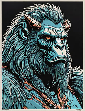(close up, head and shoulders portrait:1.5), An extremely detailed 1970s retro-future anthropomorphic (Sasquatch :1.2) (manticore :1.4) robot, centered, (strong outline sketch style:1.5), (flat silkscreen art style:1.9), (solid dark background:1.2), (retro color scheme), masterpiece, epic, by pascal blanche rutkowski repin artstation painting concept art of detailed character design matte painting, 4 k resolution blade runner, dark muted background, detailed, comic book,dcas_lora