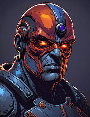 (close up, head and shoulders portrait:1.3), red and orange gradient , (anthromorphic cyclops :1.6), wearing blue and violet sci-fi polycarbonate armor, (strong outline sketch style:1.5), gritty fantasy, (darkest dungeon art style :1.4), dark muted background, detailed