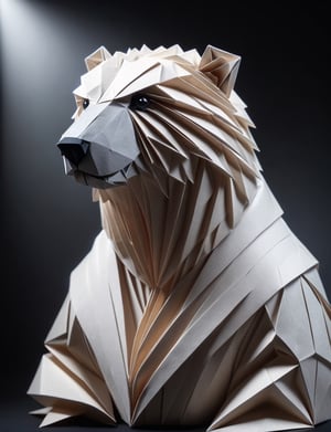 (head and shoulders portrait:2), (angry glaring villian paper polar bear:2), menacing expression, wearing dark outfit, made out of folded paper, origami,  light and delicate tones, clear contours, cinematic quality, dark background, highly detailed, chiaroscuro, ral-orgmi