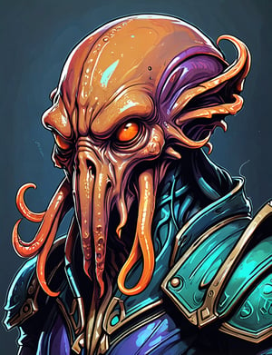 (close up, head and shoulders portrait:1.3), tangerine and teal, (anthromorphic Cthulhu :1.6), wearing blue and violet sci-fi polycarbonate armor, (strong outline sketch style:1.5), gritty fantasy, (darkest dungeon art style :1.4), dark muted background, detailed