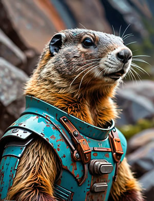 (close up, head and shoulders portrait:1.3), (anthromorphic marmot :1.6), wearing sci-fi polycarbonate armor , "The overall effect is a blend of impressionism and abstraction, creating a rich, immersive setting. The scene should feature a realist selective focus on main subject. In contrast, the background should transition into an abstract, painterly environment. The atmosphere should be hazy and diffuse, contributing to an ethereal and somewhat dystopian feel. Background impressionistic style to emphasize mood and atmosphere over detailed realism. The colors in the background include shades of rich, vibrant hues with dramatic contrasts, featuring deep, earthy tones and vivid highlights, blending seamlessly with cooler hues like blues and greys. Use muted accents like rusty orange-yellows, and rusty teals to highlight tiny areas and add visual interest. Use this blend of subdued and bold colors to emphasize the gritty nature of the scene."