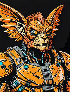 (close up, head and shoulders portrait:1.5), An extremely detailed 1970s retro-future anthropomorphic (hobgoblin :1.2) (manticore :1.4) robot, centered, (strong outline sketch style:1.5), (flat silkscreen art style:1.9), (solid dark background:1.2), (retro color scheme), masterpiece, epic, by pascal blanche rutkowski repin artstation painting concept art of detailed character design matte painting, 4 k resolution blade runner, dark muted background, detailed, comic book,dcas_lora