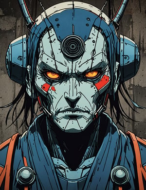 (close up, head and shoulders portrait:1.5), red, orange, blue gradient ,(robot :1.5), (sphere shaped head:1.7), samurai, wearing samurai armor, (strong outline sketch style:1.5), symmetrical features, gritty fantasy, (darkest dungeon art style :1.4), dark muted background, detailed, one_piece_wano_style, Dark Manga of,anime screencap,Dark Anime of