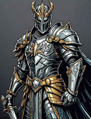 dragon knight, wearing gleaming armor, wearing crown, centered, (strong outline sketch style:1.3), dark background, muted colors, detailed, comic book
