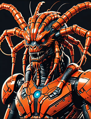 (close up, head and shoulders portrait:1.5), An extremely detailed 1970s retro-future anthropomorphic (arachnid :1.2) (manticore :1.4) robot, centered, (strong outline sketch style:1.5), (flat silkscreen art style:1.9), solid dark background, (red, orange, sapphire, black and white tones), masterpiece, epic, by pascal blanche rutkowski repin artstation painting concept art of detailed character design matte painting, 4 k resolution blade runner, dark muted background, detailed, comic book,dcas_lora