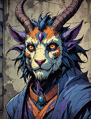 (close up, head and shoulders portrait:1.5), violet, orange, blue gradient ,(anthropomorphic manticore goat :1.5), (angular shapes:1.7), samurai, wearing samurai armor, (strong outline sketch style:1.5), symmetrical features, gritty fantasy, (darkest dungeon art style :1.4), dark muted background, detailed, Dark Manga of,Dark Anime of,comic book
