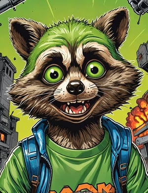 (close up, head and shoulders portrait:1.5), An extremely detailed 1980s (cartoon caricature:1.5), (oversized head caricature:1.3), anthropomorphic raccoon , radioactive green , apocalyptic , dystopian, in the style of garbage pail kids