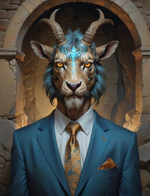 creative magic creature art, creature fusion ( tiger :1.6) (markhor :1.8), (bioluminescence :2), wearing business suit, glowing eyes, head and shoulders portrait , hyper-detailed oil painting, art by Greg Rutkowski and (Norman Rockwell:1.5) , illustration style, symmetry , inside a medieval dungeon, cracked stone walls , huayu