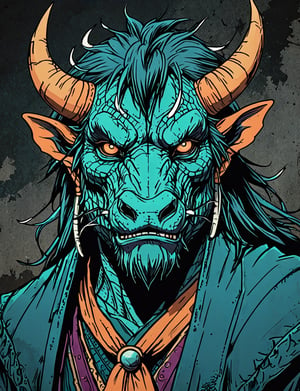 (close up, head and shoulders portrait:1.5), orange, teal, blue, violet gradient , (anthromorphic dragon bison :1.5), samurai, wearing samurai armor, (strong outline sketch style:1.5), symmetrical features, gritty fantasy, (darkest dungeon art style :1.4), dark muted background, detailed,one_piece_wano_style,Dark Manga of