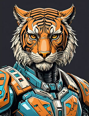 (close up, head and shoulders portrait:1.5), An extremely detailed (1970s retro-future:1.2) anthropomorphic eagle tiger robot, centered, (strong outline sketch style:1.3), dark background, muted colors, detailed, comic book