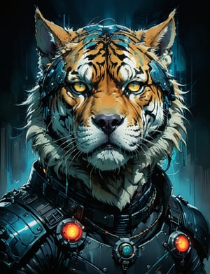 art by simon bisley, art by ralph steadman, art by vallejo, a masterpiece, stunning detail, (head and shoulders portrait:1.3), (anthropomorphic (tiger:1.2)  (mastiff :1.7) :1.3), neuromancer, cyberpunk, holographic glowing, glowing eyes, wearing black leather armor, creature fur scales , dark background 