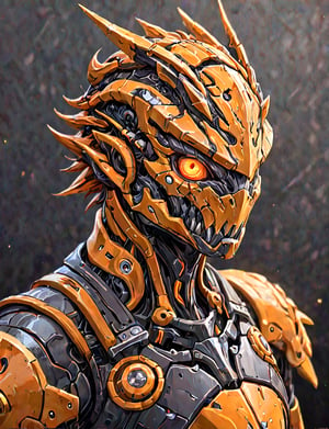 (head and shoulders portrait:1.2), a Warforged gecko  , sentient construct of gleaming black and orange metal and gears, is dressed in intricately detailed armor. dark background , Inspired by the art of Destiny 2 and the style of Guardians of the Galaxy,art_booster