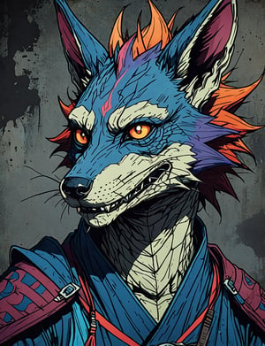 (close up, head and shoulders portrait:1.5), red, orange, blue, violet gradient ,(anthromorphic dragon jackal :1.5), samurai, wearing samurai armor, (strong outline sketch style:1.5), symmetrical features, gritty fantasy, (darkest dungeon art style :1.4), dark muted background, detailed, one_piece_wano_style, Dark Manga of
