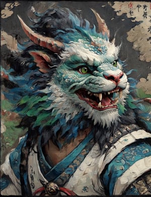 (close up, head and shoulders portrait:1.3), anthromorphic ( manticore :1.4) dragon, samurai , black samurai armor, green, blue , white and black color scheme , (dark background:1.2), Disney pixar style,Ukiyo-e,ink,colorful,shogun