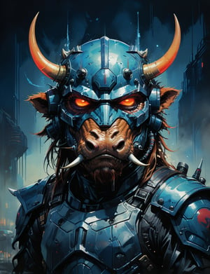 art by simon bisley, art by ralph steadman, art by vallejo, a masterpiece, stunning detail, (head and shoulders portrait:1.3), (anthropomorphic (death trooper:1.3)  (bison :1.7) oni :1.3), large oni_horns, neuromancer, cyberpunk, holographic glowing, glowing eyes, wearing black leather armor, creature fur scales , dark background , tangerine and sapphire color scheme 