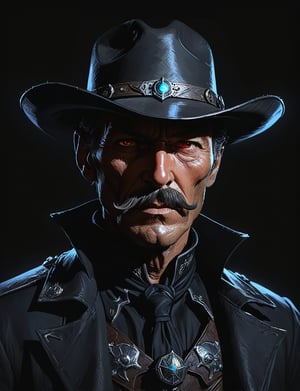 (head and shoulders portrait:1.2), Lee Van Cleef as vampire cowboy , (wide handlebar mustache:1.3), cowboy hat , holographic glowing eyes, wearing power armor outfit , (outline sketch style:1.5), surreal fantasy, close-up view, chiaroscuro lighting, no frame, hard light,Expressiveh,concept art,dark theme