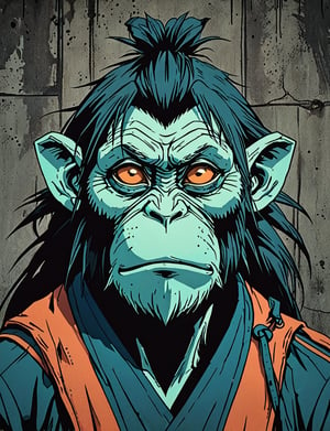 (close up, head and shoulders portrait:1.5), red, orange, green, teal, aqua, blue, violet gradient ,(anthromorphic mangabey :1.5), samurai, wearing samurai armor, (strong outline sketch style:1.5), symmetrical features, gritty fantasy, (darkest dungeon art style :1.4), dark muted background, detailed, one_piece_wano_style, Dark Manga of,anime screencap,Dark Anime of