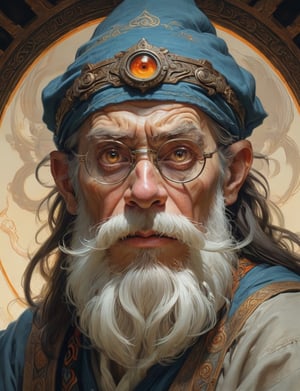 high fantasy world, wild eyed wizard wearing half-rim spectacles, looking intently at the viewer, menacing angry expression, glowing eyes, biomechanical, long beard , head and shoulders portrait , hyper-detailed oil painting, art by Greg Rutkowski and (Norman Rockwell:1.5) , illustration style, symmetry , mideval dungeon setting , huayu