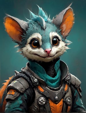 (close up, head and shoulders portrait:1.3), anthromorphic (sugar glider:1.2) dragon, futuristic power armor, bounty hunter , orange and teal and black color scheme , Disney pixar style