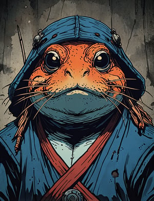 (close up, head and shoulders portrait:1.5), red, orange, blue, violet gradient ,(anthromorphic toad muskrat :1.5), samurai, wearing samurai armor, (strong outline sketch style:1.5), symmetrical features, gritty fantasy, (darkest dungeon art style :1.4), dark muted background, detailed, one_piece_wano_style, Dark Manga of