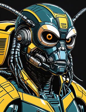 (close up, head and shoulders portrait:1.5), An extremely detailed 1970s retro-future anthropomorphic (bumble bee:1.2) (manticore :1.4) robot, centered, (strong outline sketch style:1.5), (flat silkscreen art style:1.9), (solid dark background:1.2), (retro color scheme), masterpiece, epic, by pascal blanche rutkowski repin artstation painting concept art of detailed character design matte painting, 4 k resolution blade runner, dark muted background, detailed, comic book,dcas_lora