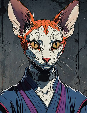 (close up, head and shoulders portrait:1.5), red, orange, blue, violet gradient ,(anthromorphic Cornish Rex :1.5), samurai, wearing samurai armor, (strong outline sketch style:1.5), symmetrical features, gritty fantasy, (darkest dungeon art style :1.4), dark muted background, detailed, one_piece_wano_style, Dark Manga of,anime screencap