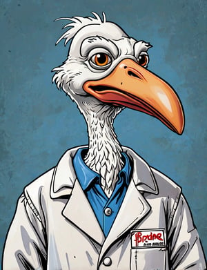 (close up, head and shoulders portrait:1.5), An extremely detailed 1980s (cartoon caricature:1.5), (oversized head caricature:1.3), anthropomorphic stork , wearing lab coat , grunge , dystopian, in the style of garbage pail kids