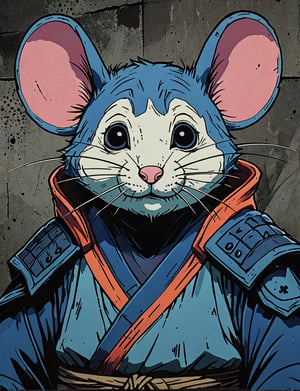 (close up, head and shoulders portrait:1.5), red, orange, blue, violet gradient ,(anthromorphic mouse :1.5), samurai, wearing samurai armor, (strong outline sketch style:1.5), symmetrical features, gritty fantasy, (darkest dungeon art style :1.4), dark muted background, detailed, one_piece_wano_style, Dark Manga of,anime screencap