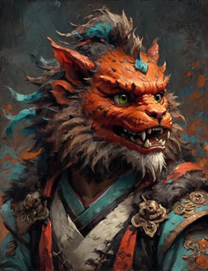 (close up, head and shoulders portrait:1.3), anthromorphic ( manticore :1.4) (neck and chest fur:1.5), (wearing a jack-o-lantern mask;2.5), jack-o-lantern , samurai helmet, oni_horns, samurai , black samurai armor, red, aqua, orange, blue , white and black color scheme , (dark Halloween background:1.2), Disney pixar style,Ukiyo-e,ink,colorful,shogun