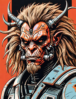 (close up, head and shoulders portrait:1.5), An extremely detailed 1970s retro-future anthropomorphic (joe immortan :1.2) (manticore :1.4) robot, centered, (strong outline sketch style:1.5), (flat silkscreen art style:1.9), (solid dark background:1.2), (red, orange, sapphire, black and white tones), masterpiece, epic, by pascal blanche rutkowski repin artstation painting concept art of detailed character design matte painting, 4 k resolution blade runner, dark muted background, detailed, comic book,dcas_lora