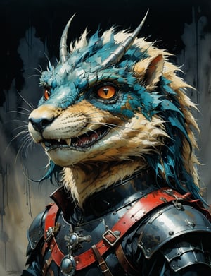 art by simon bisley, art by ralph steadman, art by vallejo, a masterpiece, stunning detail, (head and shoulders portrait:1.3), (anthropomorphic (dragon1.4)  (marmot :1.5) :1.3), supreme wearing black leather armor, creature fur scales , dark background 
