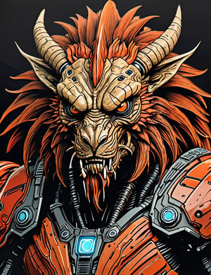 (close up, head and shoulders portrait:1.5), An extremely detailed 1970s retro-future anthropomorphic (predator alien :1.2) (manticore :1.4) robot, centered, (strong outline sketch style:1.5), (flat silkscreen art style:1.9), (solid dark background:1.2), (red, orange, sapphire, black and white tones), masterpiece, epic, by pascal blanche rutkowski repin artstation painting concept art of detailed character design matte painting, 4 k resolution blade runner, dark muted background, detailed, comic book,dcas_lora