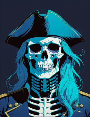 head and shoulders portrait, Skeleton, captain pirate, 80s anime style, glitch art, flat colors, key visual, vibrant, studio anime, minimalistic, (style of Charlie Bowater, (style of moebius:1.2):1.15), 