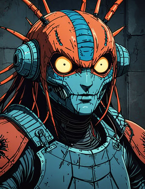 (close up, head and shoulders portrait:1.5), red, orange, blue gradient ,(centipede robot :1.5), (sphere shaped head:1.7), samurai, wearing samurai armor, (strong outline sketch style:1.5), symmetrical features, gritty fantasy, (darkest dungeon art style :1.4), dark muted background, detailed, one_piece_wano_style, Dark Manga of,anime screencap,Dark Anime of