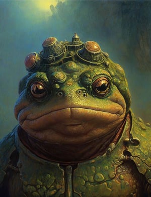 (head and shoulders portrait:1.2), (anthropomorphic poisonous toad:1.4) neuromancer , wearing power armor outfit , surreal fantasy, close-up view, chiaroscuro lighting, no frame, hard light, art by Zdzisław Beksiński,digital artwork by Beksinski