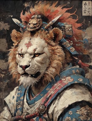(close up, head and shoulders portrait:1.3), (anthromorphic lion :1.6), oni_horns, samurai , samurai armor , brown, blue, violet , white and black color scheme , (dark background:1.2), Ukiyo-e,ink,colorful,shogun