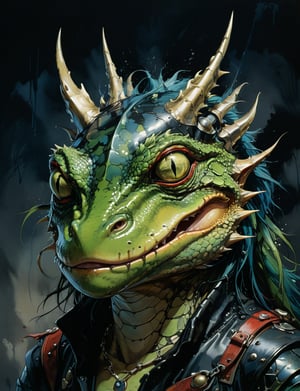 art by simon bisley, art by ralph steadman, art by vallejo, a masterpiece, stunning detail, (head and shoulders portrait:1.3), (anthropomorphic (dragon1.4)  (frog :1.5) :1.3), supreme wearing black leather armor, creature fur scales , dark background 