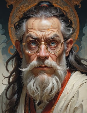 high fantasy world, wild eyed wizard wearing half-rim spectacles, looking intently at the viewer, wild and furious, menacing snarling angry expression, glowing eyes, biomechanical, long beard , head and shoulders portrait , hyper-detailed oil painting, art by Greg Rutkowski and (Norman Rockwell:1.5) , illustration style, symmetry , mideval dungeon setting , huayu