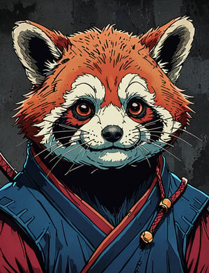 (close up, head and shoulders portrait:1.5), red, orange, blue, violet gradient ,(anthromorphic red panda toad :1.5), samurai, wearing samurai armor, (strong outline sketch style:1.5), symmetrical features, gritty fantasy, (darkest dungeon art style :1.4), dark muted background, detailed, one_piece_wano_style, Dark Manga of,anime screencap