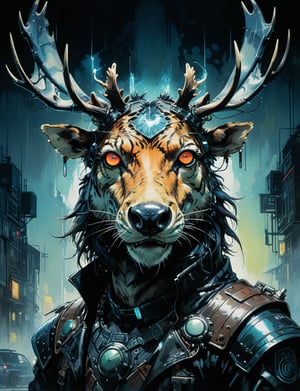 art by simon bisley, art by ralph steadman, art by vallejo, a masterpiece, stunning detail, (head and shoulders portrait:1.3), (anthropomorphic (tiger:1.1)  (moose  :1.7) :1.3), neuromancer, cyberpunk, holographic glowing, glowing eyes, wearing black leather armor, creature fur scales , dark background 